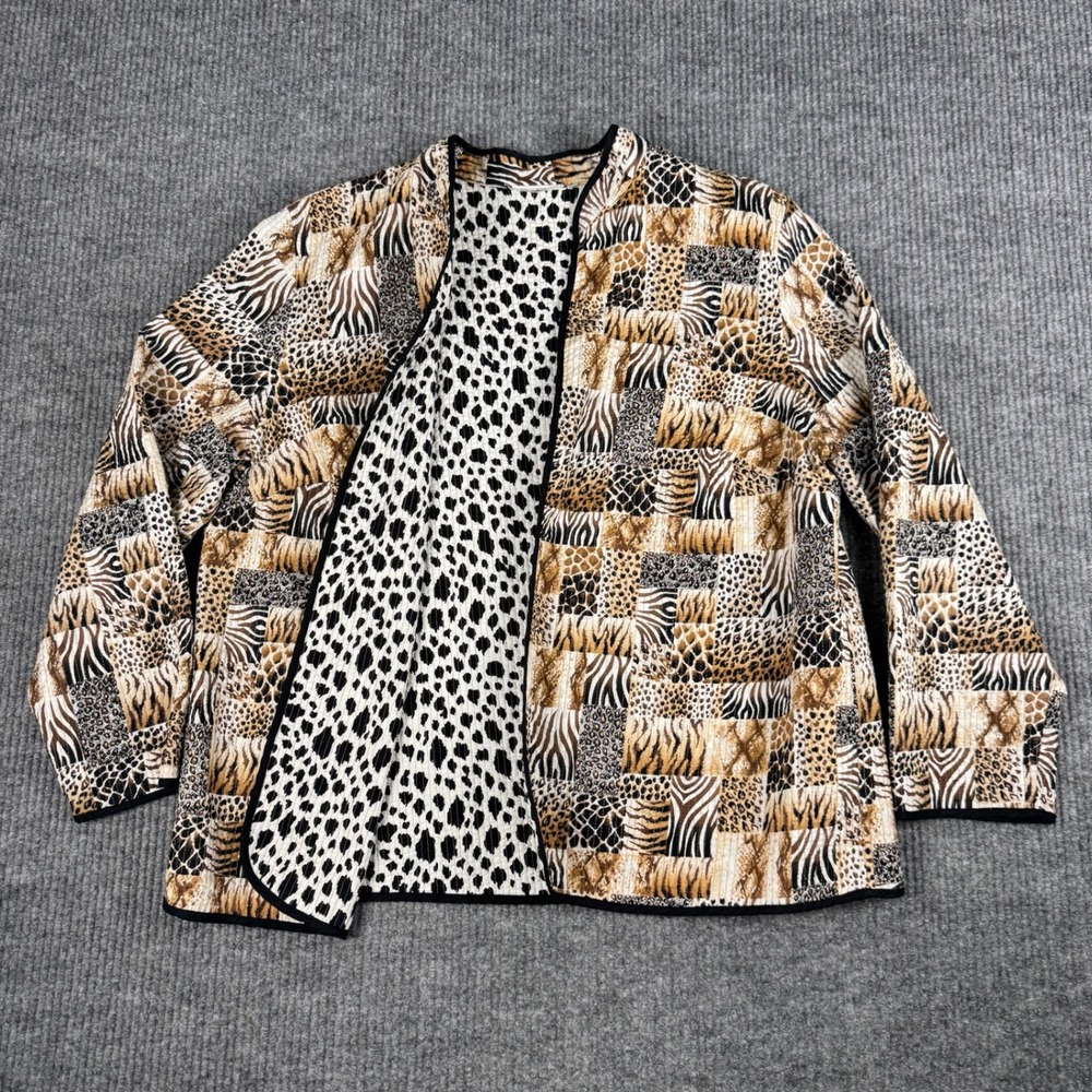 Alfred Dunner Quilted Jacket Womens XL Safari Mixed Wild Animal Print Open Front